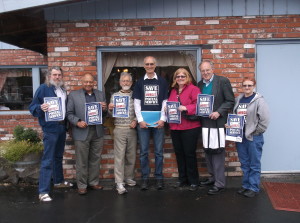 The “Forever Five” joined by leaders of the Salem American Postal Workers Union, from left, Patrick Fortune (APWU local 604 vice president), Fernando Gapasin, Jack Herbert, Jamie Partridge, Rosalie Pedroza, John Schwiebert, and Janeil Payne (APWU local 604 president)