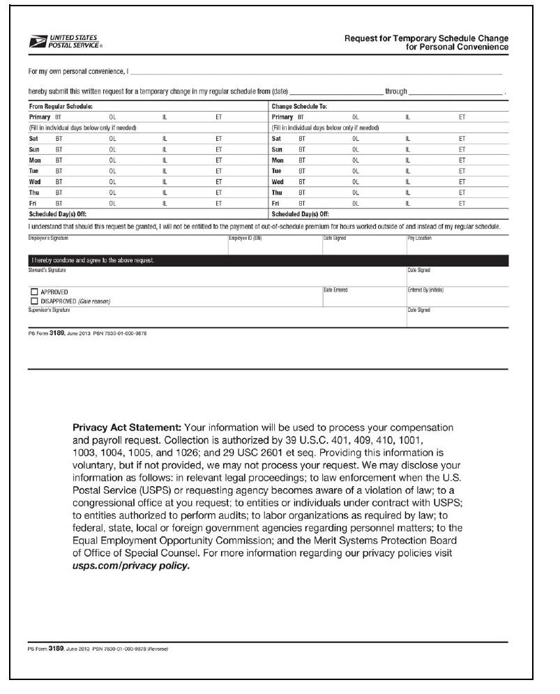 3189 Form Ps Postal Usps Revision Schedule Request Change Temporary Bulleti...