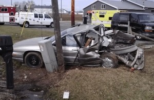 Amanda Clevinger, local mail carrier for the Harlan Post Office recently had a run in with a negligent driver. Pictured here is the aftermath, She comments, “This is my car after being hit by a distracted driver. I was stopped at a mailbox when a man who was reaching for a cigarette didn’t see me and struck me from behind.”