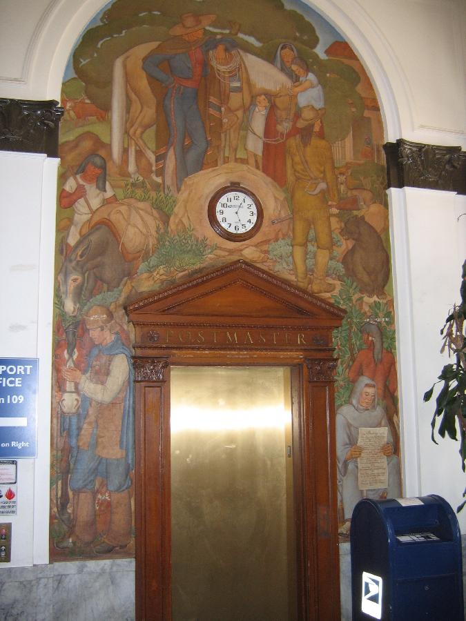 Located in the Berkeley Main Post Office. This mural depicts the earliest inhabitants of Berkeley.