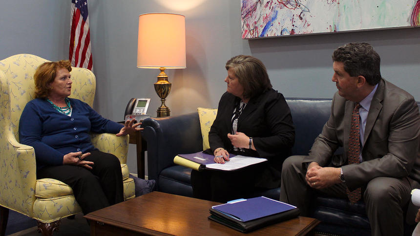 Heidi Heitkamp, D-N.D., left, meets with U.S. Postal Service Postmaster General Patrick Donahoe and USPS COO Megan Brennan on March 12 in Washington, D.C photo credit: The Dickinson Press