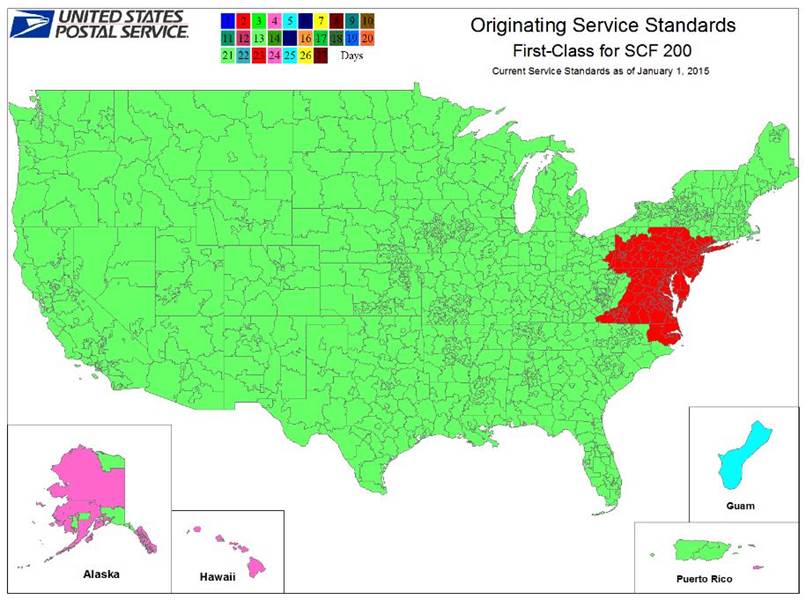 Usps Mail Time Map Usps Service Standards Map Effective January 1, 2015 | Postalreporter.com