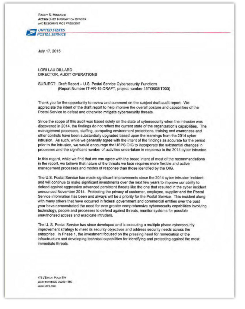 Postal Service response to OIG cyber security audit