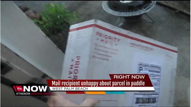 Postal customer unhappy about mail package left in puddle