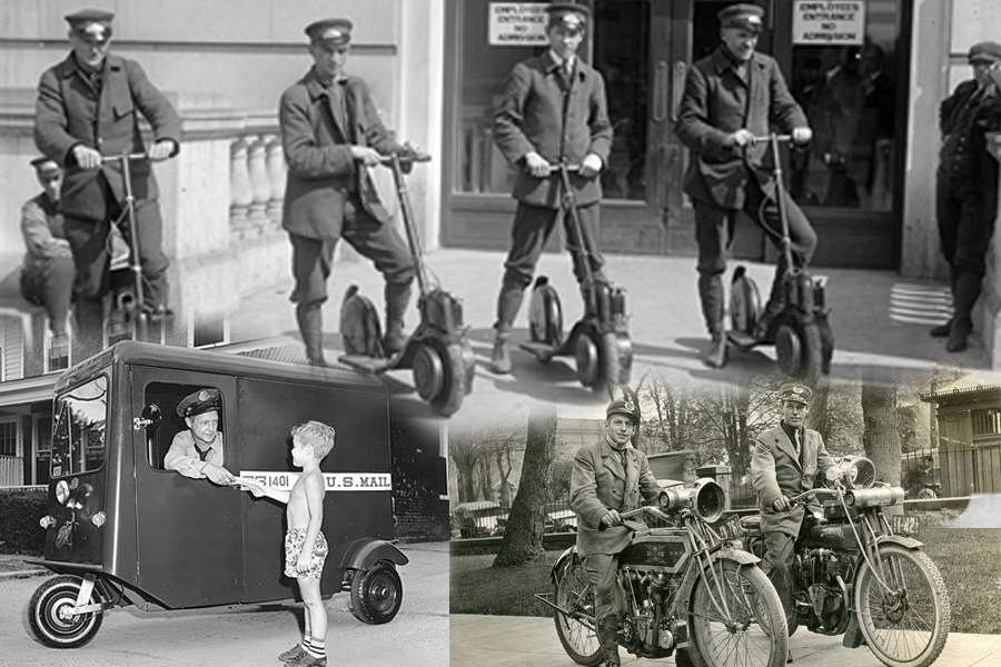 Some discontinued delivery methods include, clockwise from top left, autoped motor scooters, shown around 1916; motorcycles, shown around 1914; and a mailster, shown in 1952.