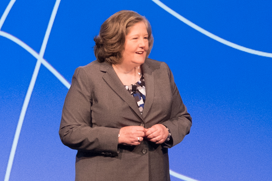 Postmaster General Megan J. Brennan delivers the keynote address May 7 at the National Postal Forum in San Antonio.