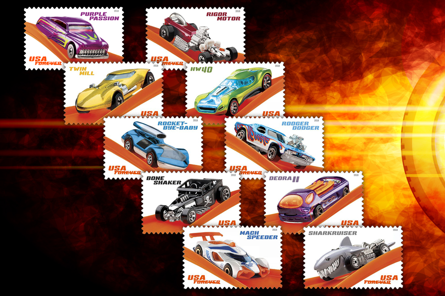 hot wheels 50th anniversary stamps
