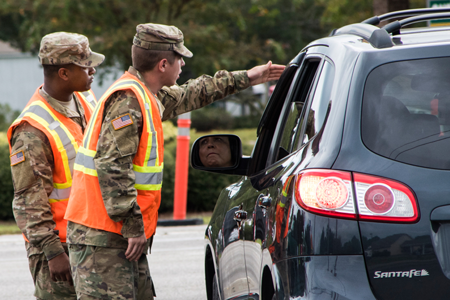 South Carolina National Guard soldiers work this week at a traffic control point in Conway, SC, one of the areas evacuated before Hurricane Florences arrival. Image: U.S. Army