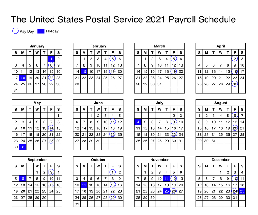 USPS calendar 2021 payroll schedule for Postal Employees