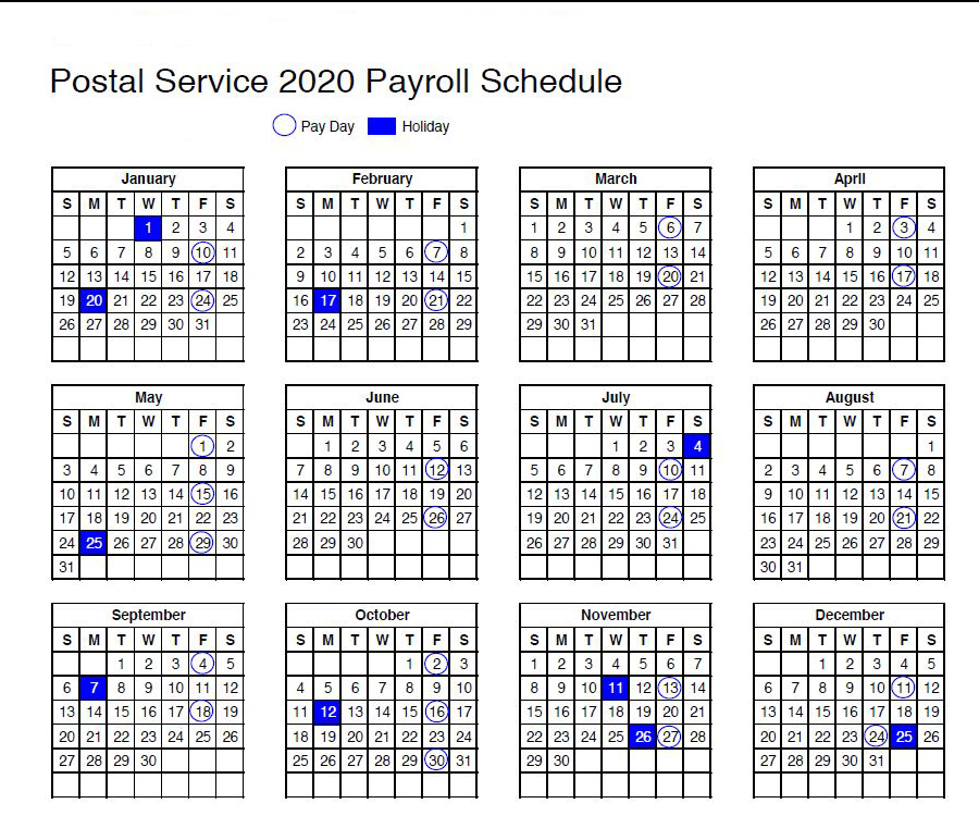 Usps Calendar 2020 Payroll Schedule And Holidays Postalreporter Com
